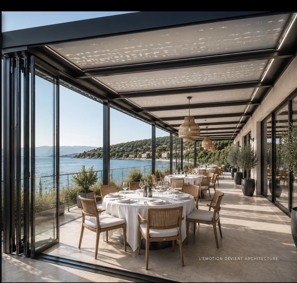 Pergola AERYS protégeant une terrasse rooftop face à la mer