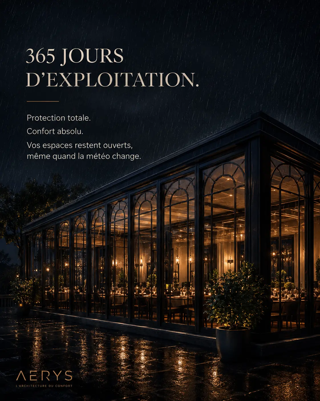 Pergola acoustique AERYS protégeant une terrasse de restaurant sous la pluie