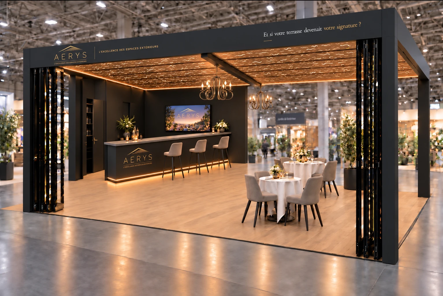 Visualisation du stand AERYS pour ÉquipHotel, avec lames cuivrées et lustres bronze